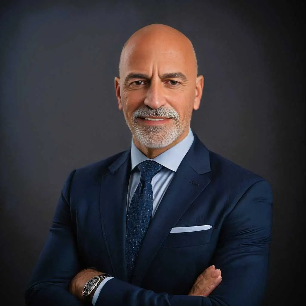 Confident gray-bearded agent in navy suit stands poised&mdash;expert in Ulcinj, Montenegro real estate for immorenta.me by Ekosphere.