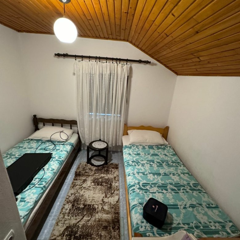 Charming Ulcinj room for sale: twin beds, stylish decor, cozy wood ceiling. Top Montenegro real estate&mdash;via ekosphere doo project.