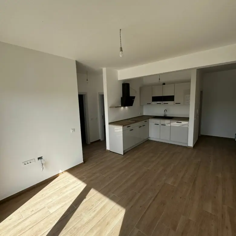 Bright, modern kitchen and living space with wood floors and built-in cabinets&mdash;ideal Ulcinj investment. Listed by ekosphere doo.