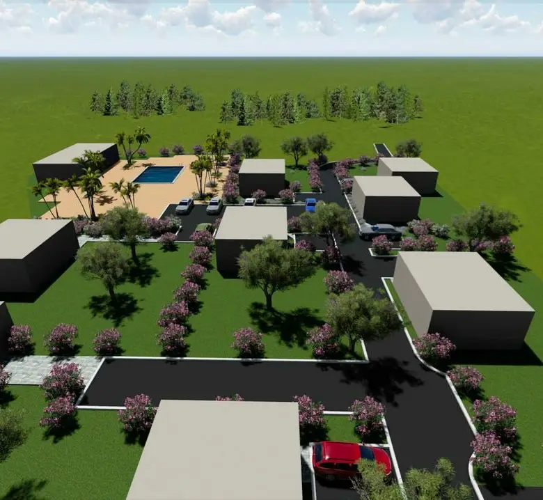 Premium Ulcinj real estate: modern gray residences, lush lawns, pool, gardens. Invest with immorenta.me by ekosphere doo.