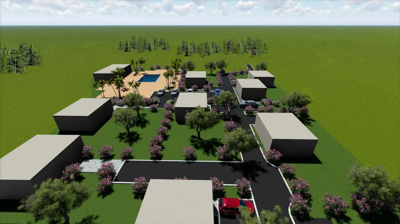 Premium Ulcinj real estate: modern gray residences, lush lawns, pool, gardens. Invest with immorenta.me by ekosphere doo.