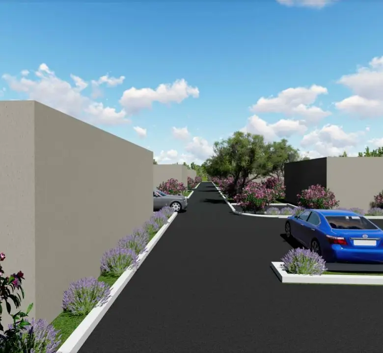 Premium real estate in Ulcinj, Montenegro: modern beige properties with lush gardens, ample parking. An Ekosphere doo project on immorenta.me.