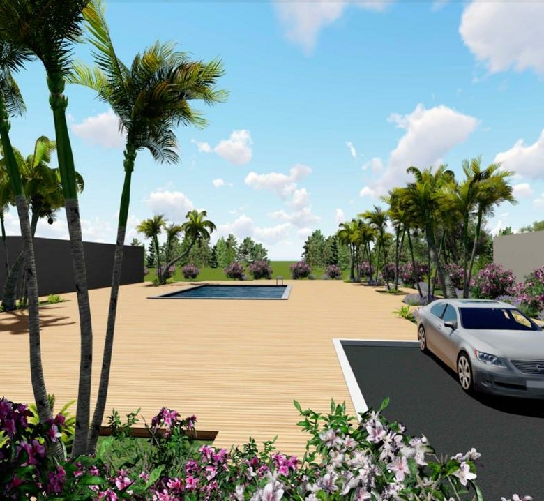 Modern Ulcinj property: car on paved road, lush palms, manicured shrubs, spacious deck & pool. Invest via immorenta.me by ekosphere doo.