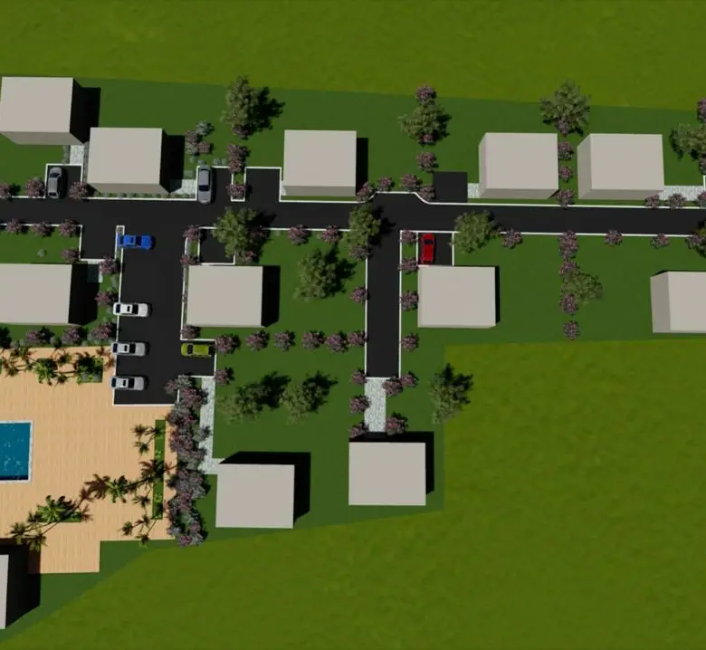 Premium aerial view of Ulcinj real estate&acirc;modern buildings, lush landscaping, pool with palms. Invest via ekosphere doo at immorenta.me.