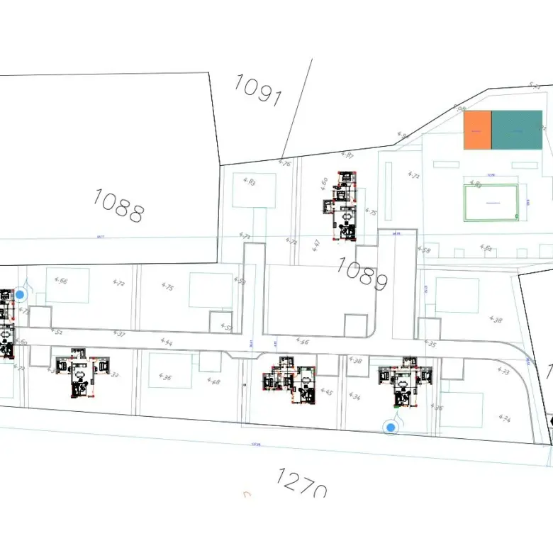 Prime Ulcinj real estate site plan: marked lots (1087&acirc;1091, 1270), boundaries, structures; exclusive via immorenta.me by Ekosphere.