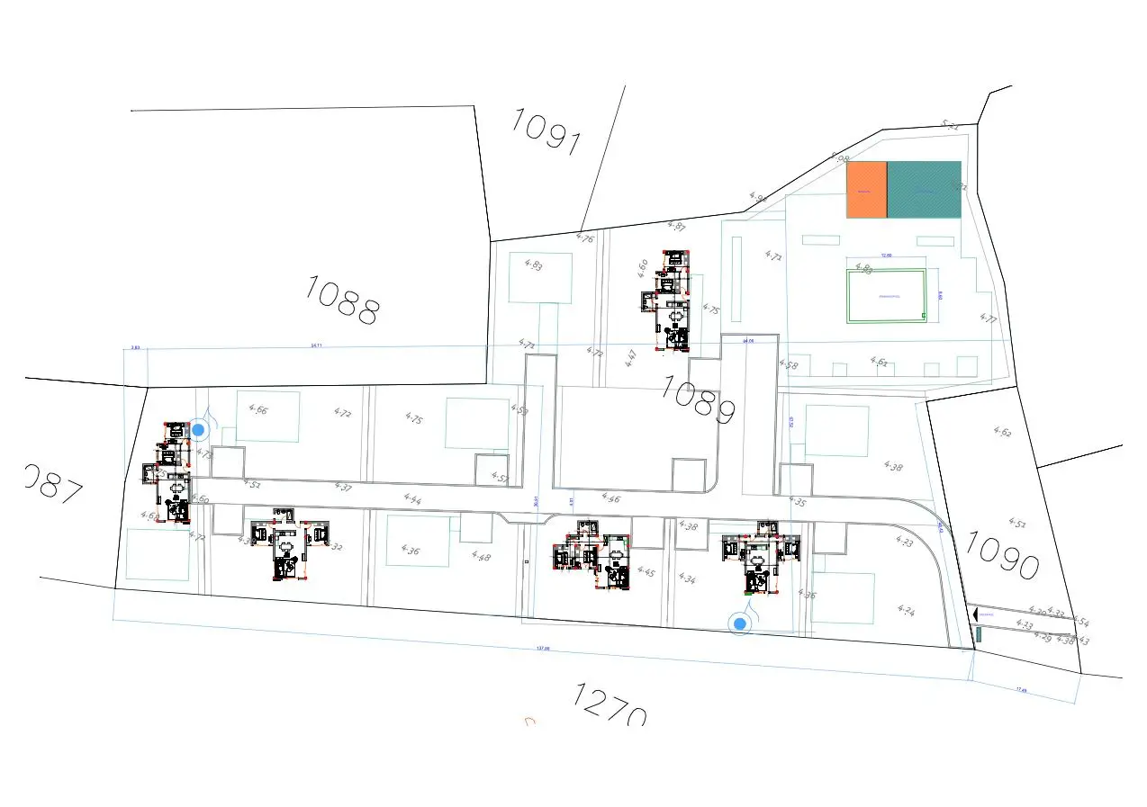 Prime Ulcinj real estate site plan: marked lots (1087&acirc;1091, 1270), boundaries, structures; exclusive via immorenta.me by Ekosphere.