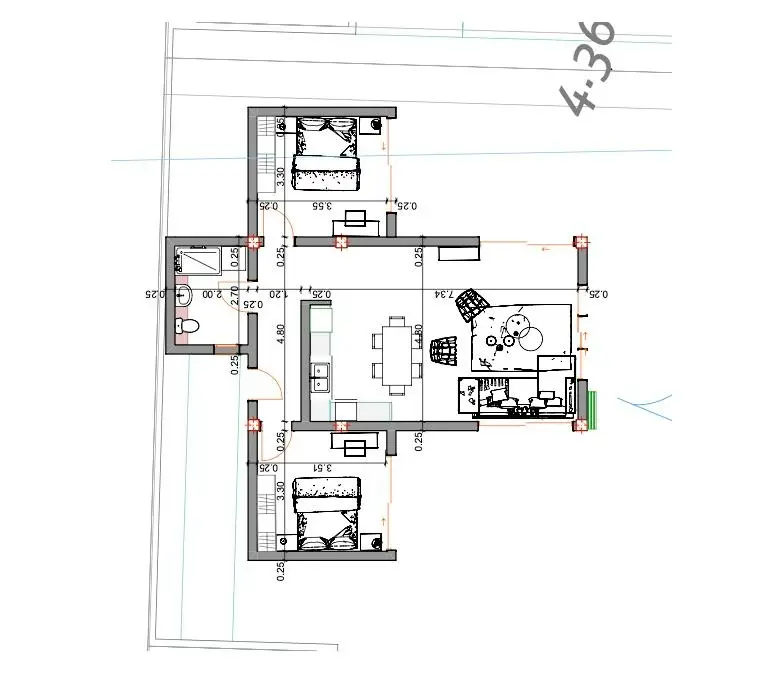 Premium Ulcinj property floor plan: 2 bedrooms, open living-dining-kitchen, full bath. Investment-ready from immorenta.me.
