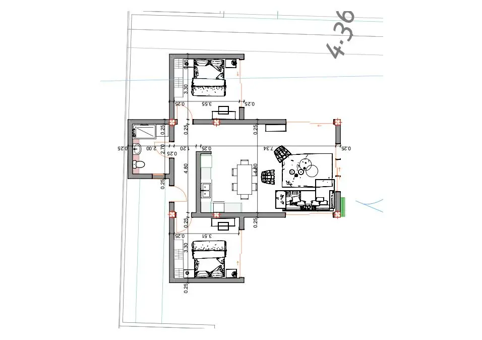Premium Ulcinj property floor plan: 2 bedrooms, open living-dining-kitchen, full bath. Investment-ready from immorenta.me.