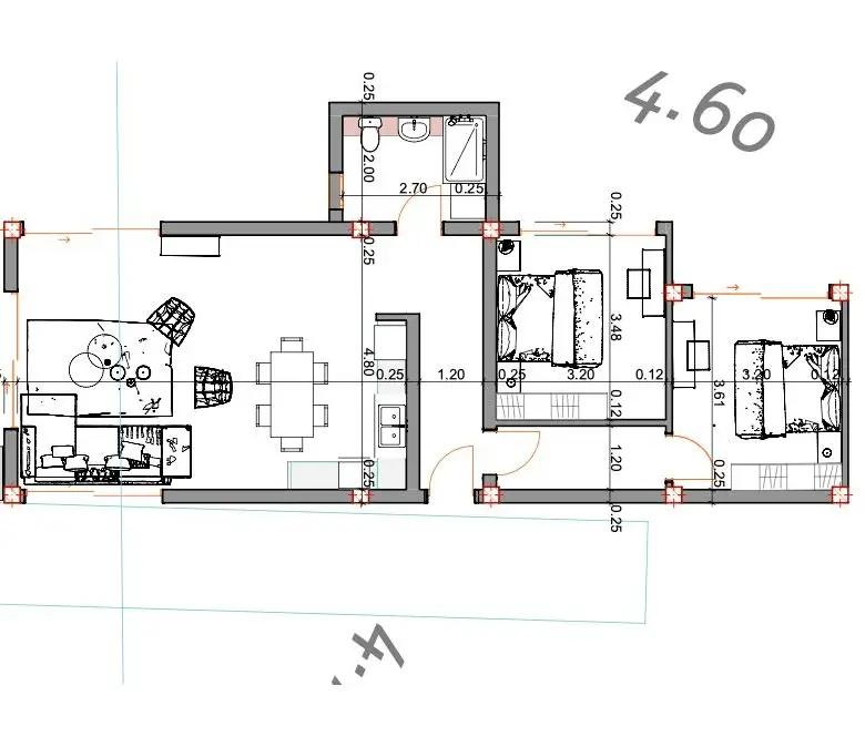 Spacious Ulcinj apartment floor plan: living, dining, kitchen, 2 bedrooms, bath & balcony. Listed on immorenta.me by Ekosphere.