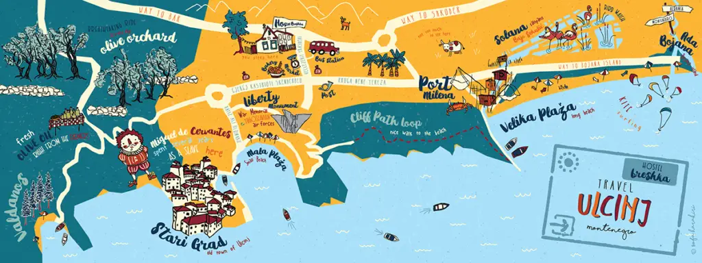 Hochwertige illustrierte Karte von Ulcinj, Montenegro mit erstklassigen Immobilien, Str&auml;nden, Sehensw&uuml;rdigkeiten &ndash; investieren Sie &uuml;ber immorenta.me von Ekosphere.