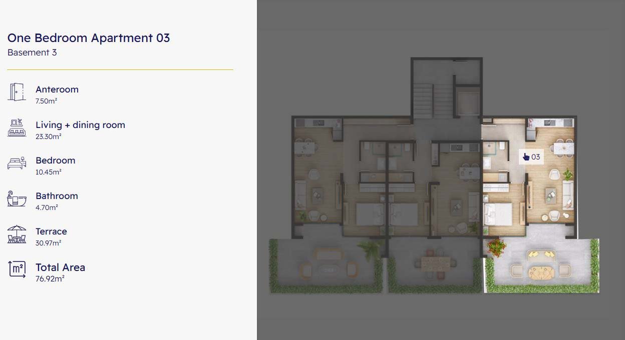 One-bedroom apartment 03, Basement 3, Ekosphere Ulcinj: modern plan with terrace, 76.92m&sup2;. Exclusive at immorenta.me.