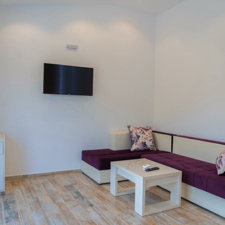 Contemporary Ulcinj Montenegro apartment: stylish sectional sofa, floral accents, sleek TV, wood floors&mdash;exclusive at immorenta.me by ekosphere doo.