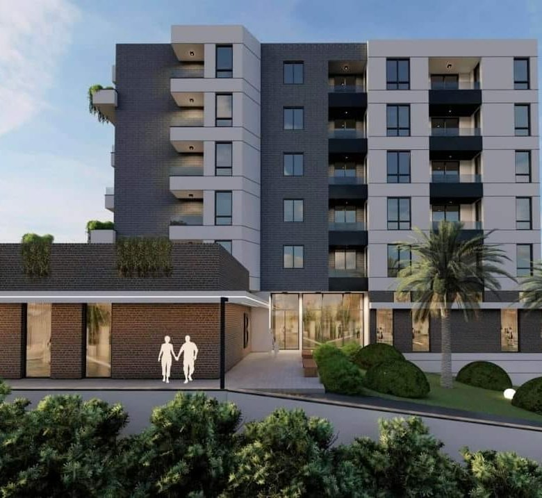 Premium modern multi-story apartment in Ulcinj, Montenegro&mdash;spacious balconies, large windows, landscaped entrance; exclusive on immorenta.me by ekosphere doo.