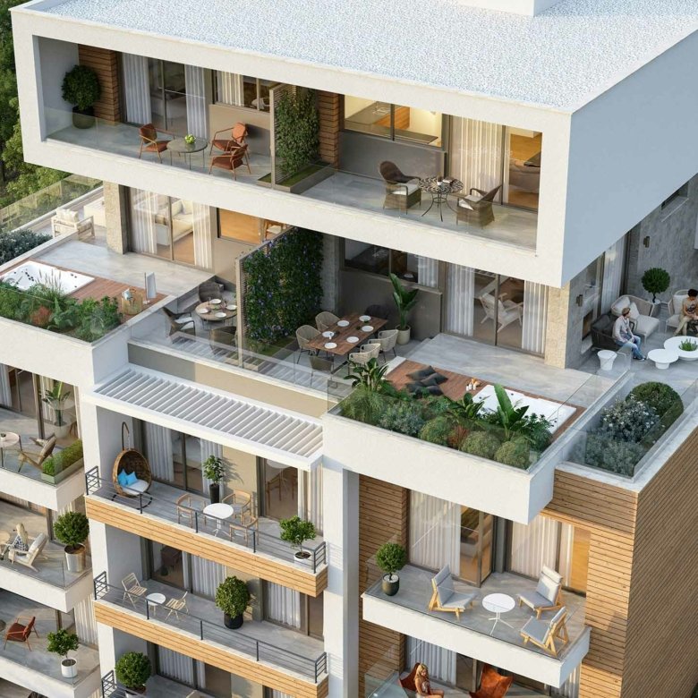 Stylish multi-story Ulcinj apartment by Ekosphere DOO with glass balconies, lush greenery, and outdoor seating. immorenta.me.