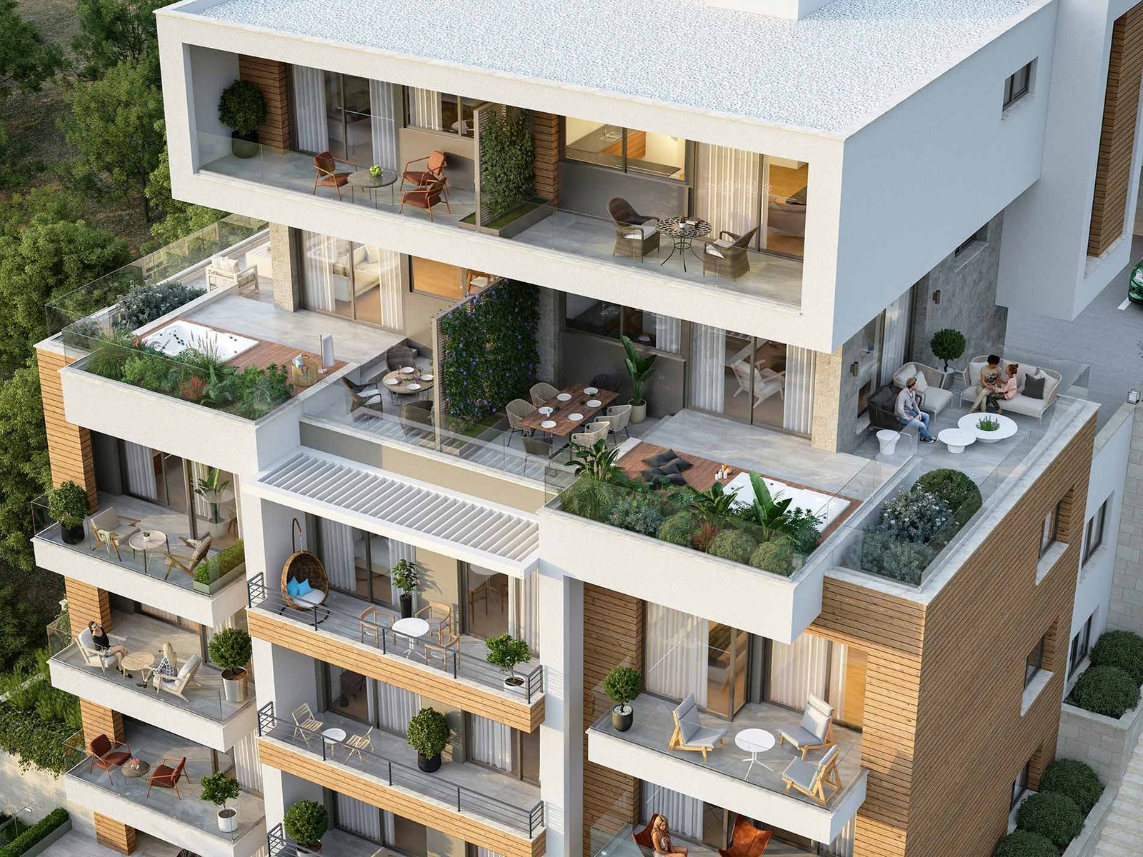 Stylish multi-story Ulcinj apartment by Ekosphere DOO with glass balconies, lush greenery, and outdoor seating. immorenta.me.
