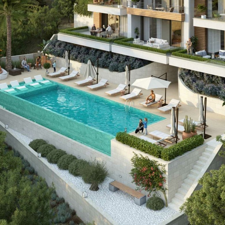 Luxurious Ekosphere apartment complex with infinity pool, lush lounges, and premium views&mdash;top Ulcinj property by Montenegro-Listings.me.