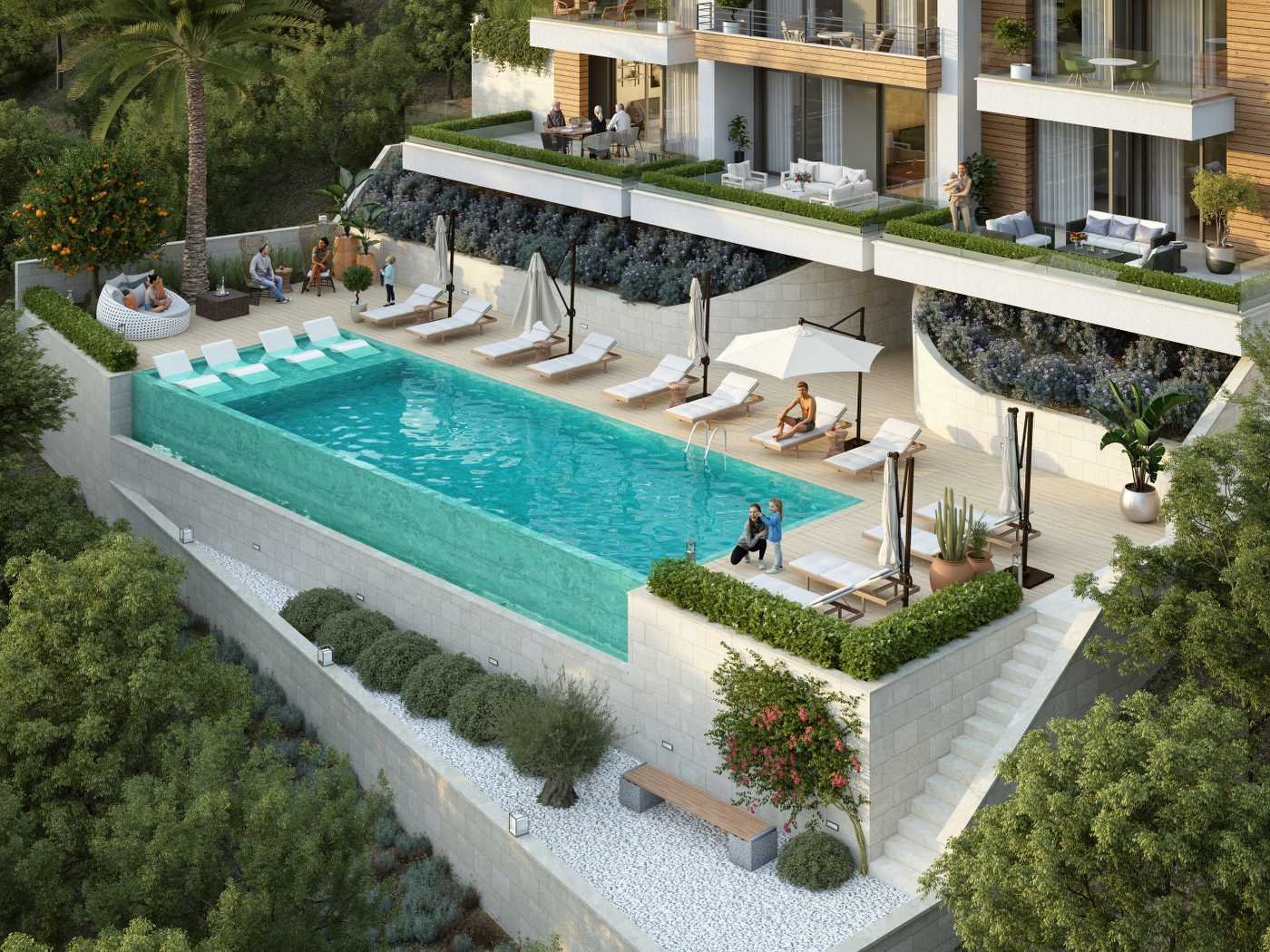 Luxurious Ekosphere apartment complex with infinity pool, lush lounges, and premium views&mdash;top Ulcinj property by Montenegro-Listings.me.