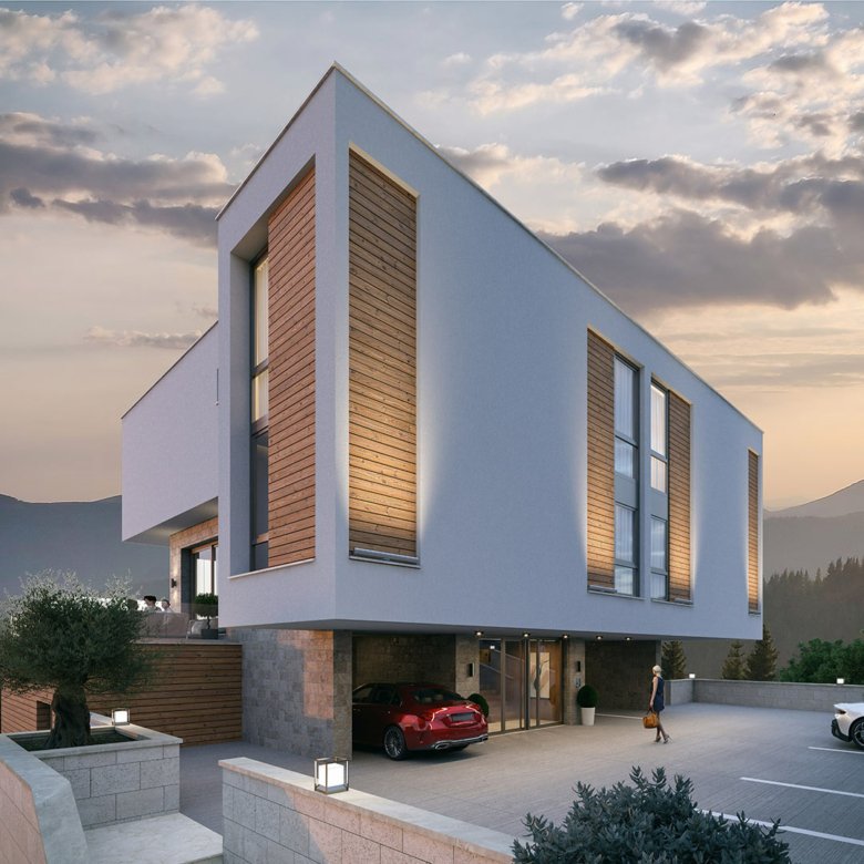Stunning modern home in Ulcinj, Montenegro&mdash;large windows, wood accents, mountain views. Exclusive by immorenta.me/Ekosphere.