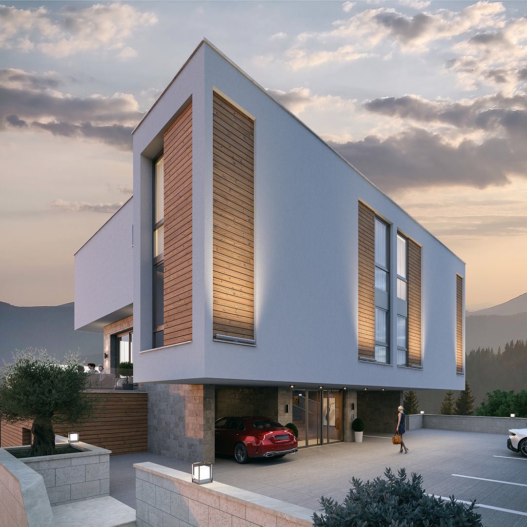 Stunning modern home in Ulcinj, Montenegro&mdash;large windows, wood accents, mountain views. Exclusive by immorenta.me/Ekosphere.