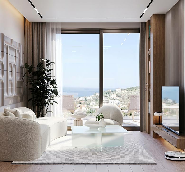 Stunning modern living room with sea views in Ulcinj&mdash;luxury property listing by immorenta.me, a project of ekosphere doo.