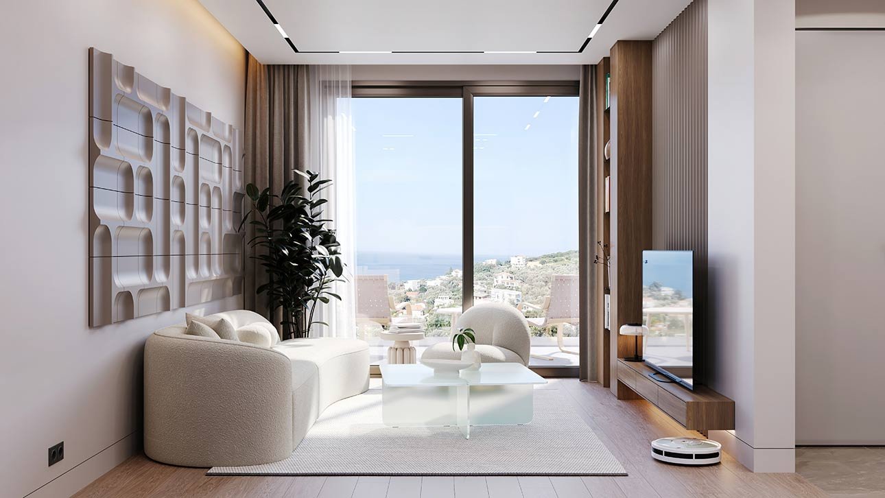 Stunning modern living room with sea views in Ulcinj&mdash;luxury property listing by immorenta.me, a project of ekosphere doo.