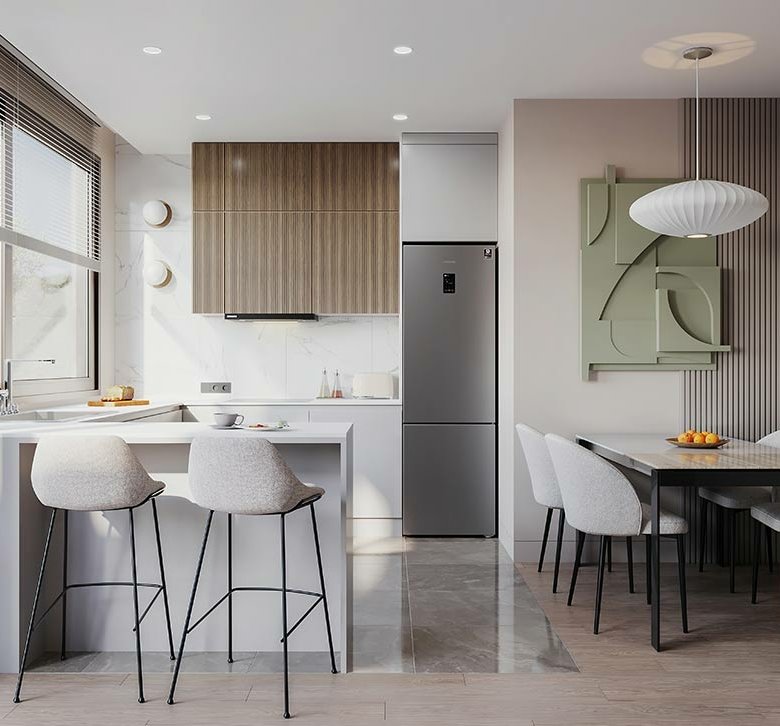 Luxurious Ulcinj kitchen with white island, custom cabinets, and panoramic windows&mdash;discover Ekosphere homes on immorenta.me.