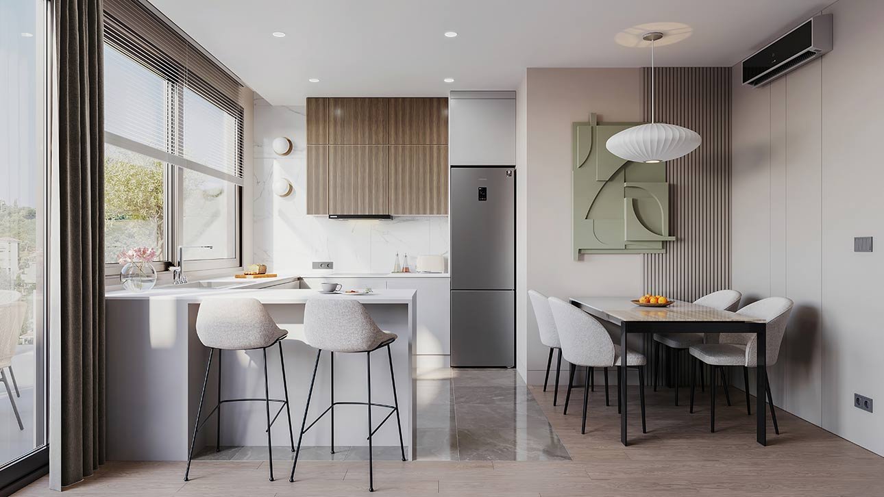 Luxurious Ulcinj kitchen with white island, custom cabinets, and panoramic windows&mdash;discover Ekosphere homes on immorenta.me.