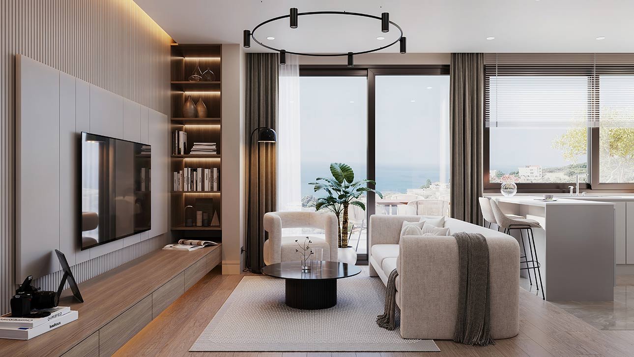 Luxurious Ulcinj property: modern living room, sea views, sleek finishes. Invest in Montenegro real estate with immorenta.me by Ekosphere doo.