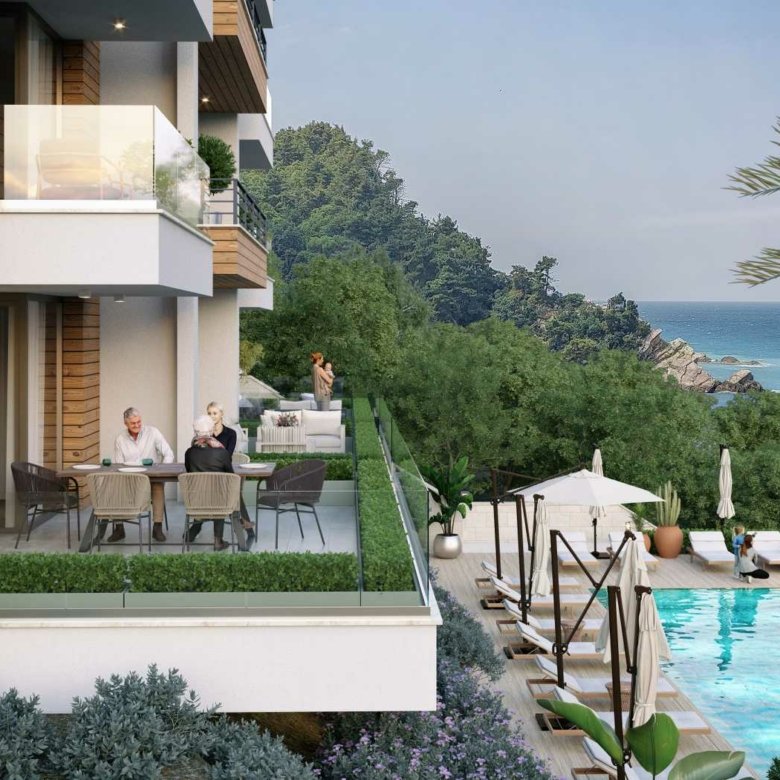 Luxury modern balcony in Ulcinj with sea views, pool, lush greenery&mdash;exclusive real estate by immorenta.me, a project of Ekosphere.