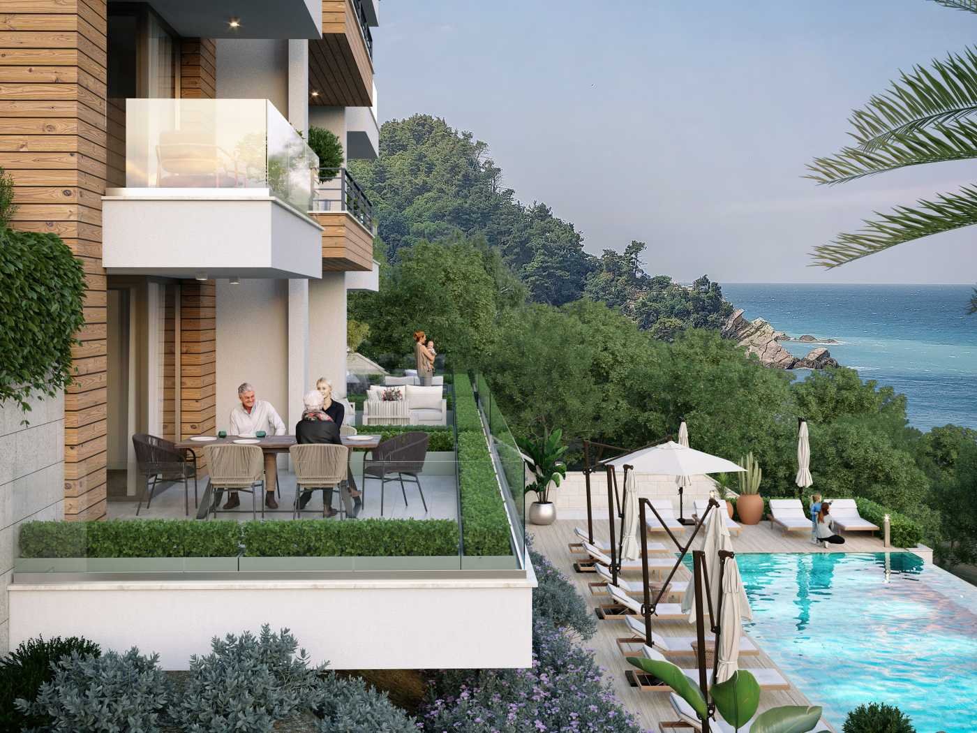 Luxury modern balcony in Ulcinj with sea views, pool, lush greenery&mdash;exclusive real estate by immorenta.me, a project of Ekosphere.