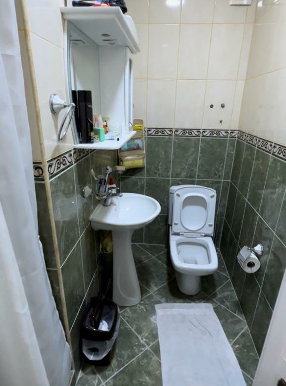 Modern Ulcinj property bathroom with elegant green and beige tiles, full amenities; exclusive at immorenta.me by ekosphere doo.