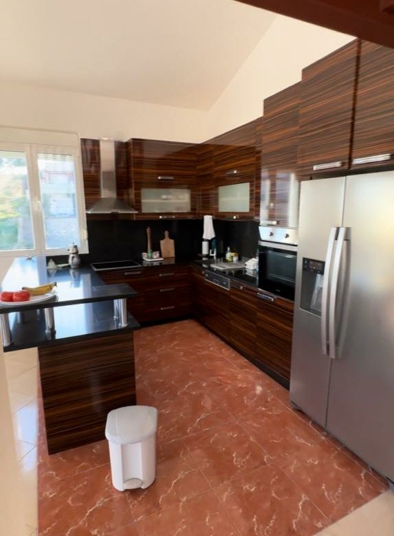 Premium Ulcinj kitchen: dark wood cabinets, stainless steel appliances, island; exclusive Ekosphere listing on immorenta.me.