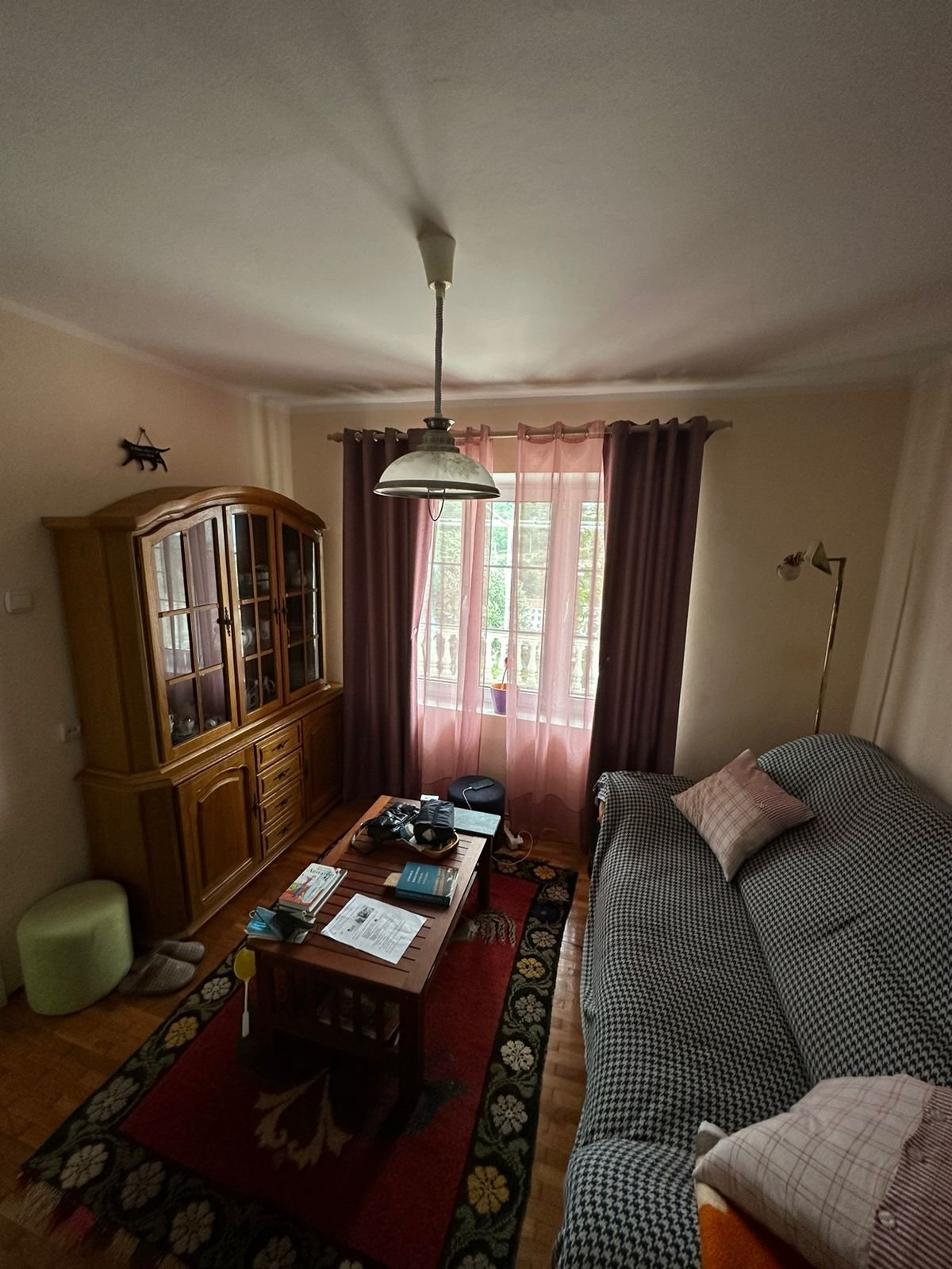 Elegant Ulcinj living room with wooden cabinet, stylish rug, cozy sofa, and natural light. Top Montenegro property by Ekosphere on immorenta.me.