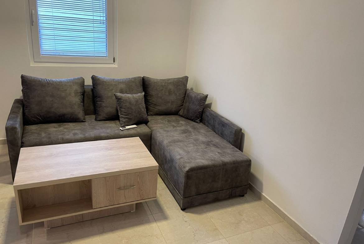 Modern Ekosphere home in Ulcinj: gray L-shaped sofa, wood coffee table, window blinds&mdash;exclusive at immorenta.me by Ekosphere doo.