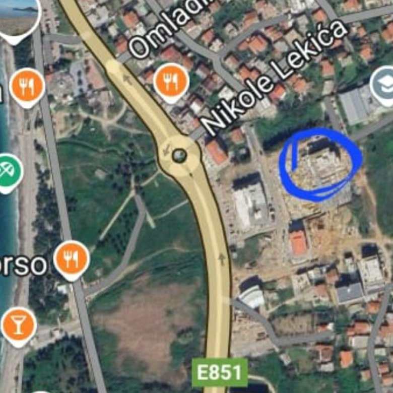 Premium investment opportunity: Ulcinj coastal map highlights prime building site near E851 & Nikole Lekica. On immorenta.me by ekosphere doo.