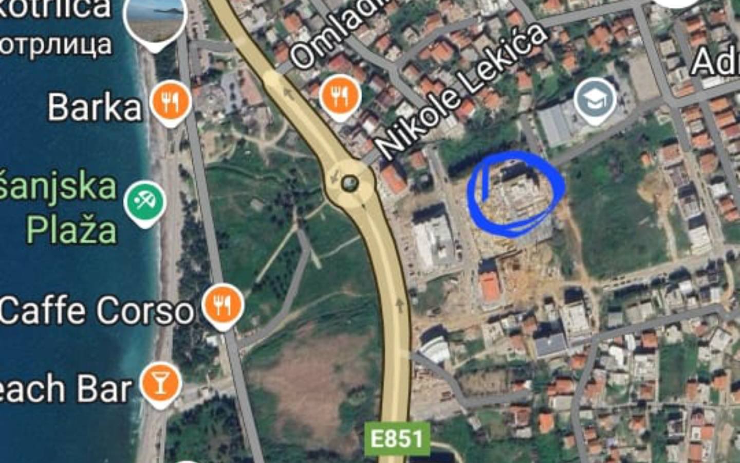 Premium investment opportunity: Ulcinj coastal map highlights prime building site near E851 & Nikole Lekica. On immorenta.me by ekosphere doo.