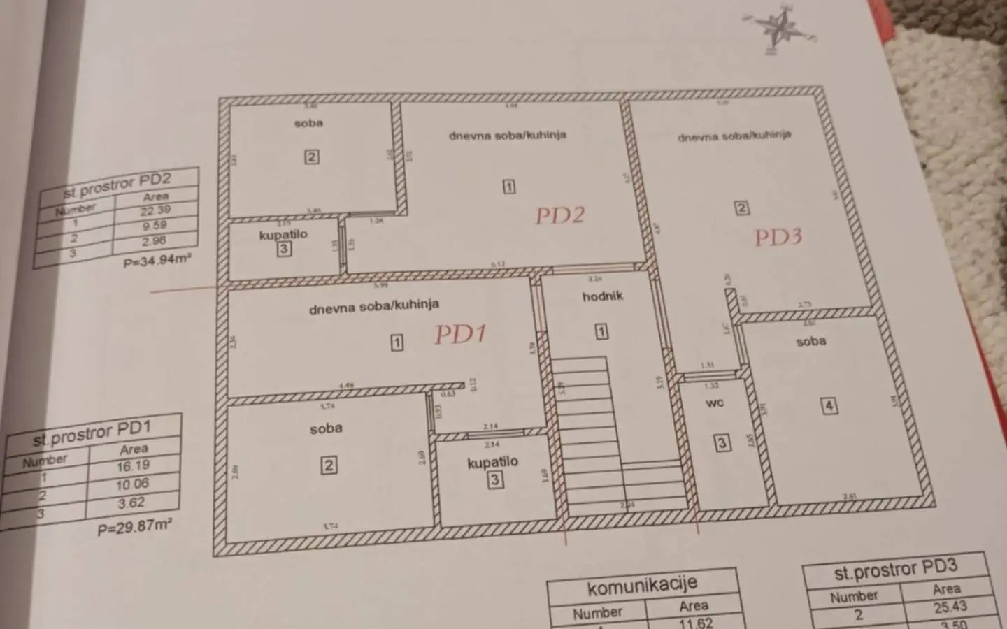 Premium Ulcinj real estate floor plan: labeled rooms, area tables, PD1&acirc;PD3 zones. By Montenegro-Listings.me & Ekosphere doo.