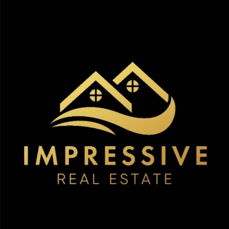 Elegant gold logo with twin house roofs and windows, IMPRESSIVE REAL ESTATE&mdash;Ulcinj property by Montenegro-listings.me, a project of Ekosphere doo.