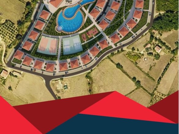 Aerial view of Ulcinjs luxury resort estate with curved residences and central pool. Exclusive at immorenta.me by ekosphere doo.