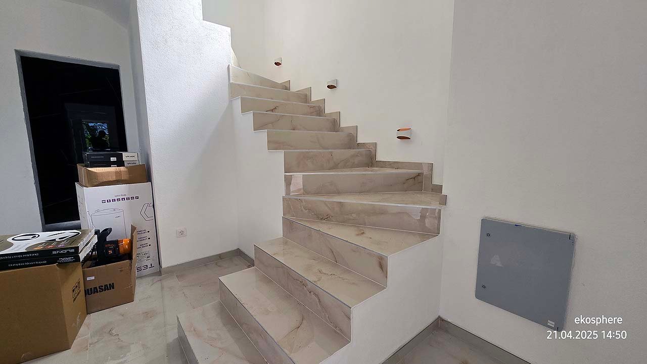 Elegant marble staircase with sleek, modern design&mdash;prime Ulcinj Montenegro property on immorenta.me by ekosphere doo.