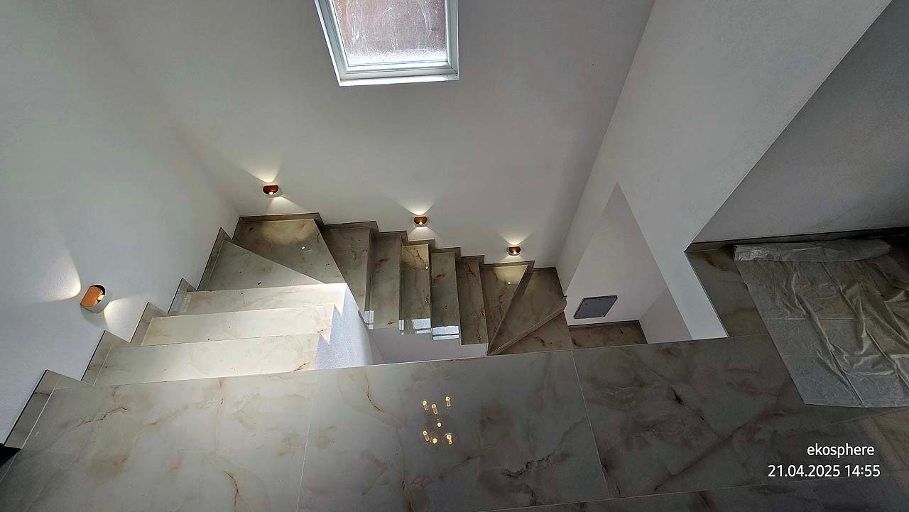 Elegant marble staircase with skylight, premium Ulcinj real estate. Listed by immorenta.me, a project of ekosphere doo.