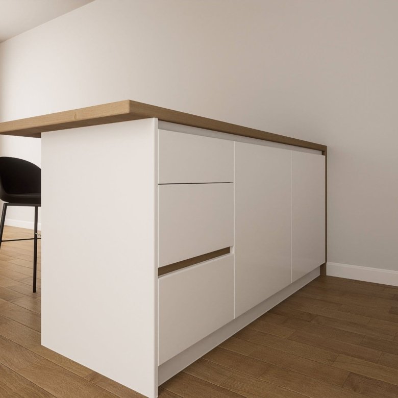 Modern Ulcinj property: Sleek kitchen island with white cabinetry, wood top, and luxe flooring&mdash;exclusive on immorenta.me by Ekosphere DOO.