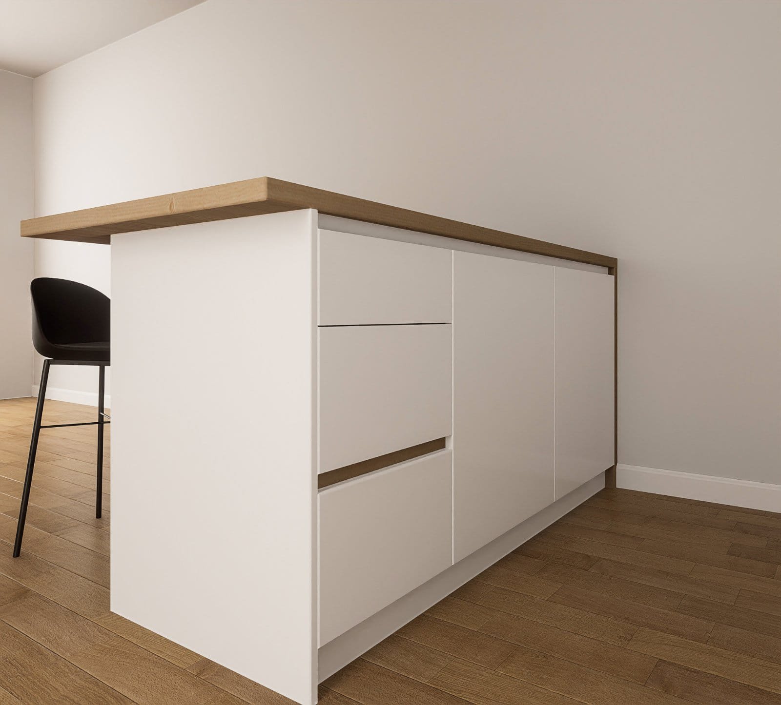 Modern Ulcinj property: Sleek kitchen island with white cabinetry, wood top, and luxe flooring&mdash;exclusive on immorenta.me by Ekosphere DOO.