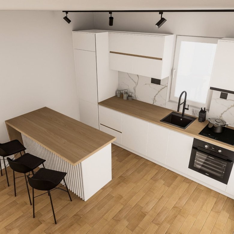 Sleek kitchen with white cabinets, wood counters, and breakfast bar&mdash;ideal Ulcinj investment. Buy with Ekosphere at immorenta.me.