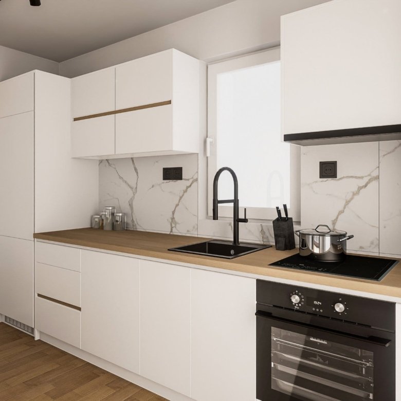 Modern kitchen with sunlit marble, wood tops, premium fittings&mdash;ideal Ulcinj real estate. Montenegro-listings.me by ekosphere doo.