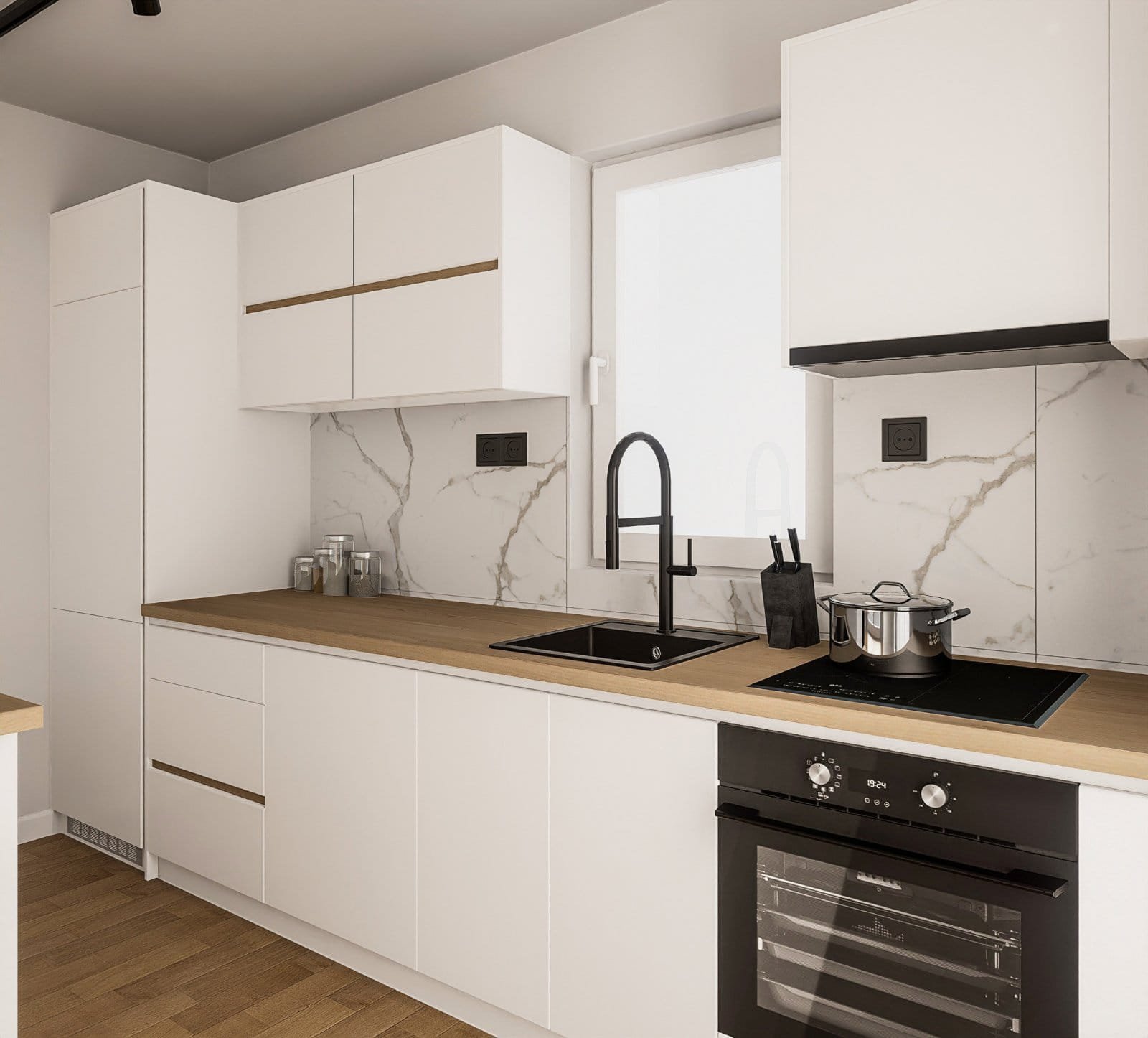 Modern kitchen with sunlit marble, wood tops, premium fittings&mdash;ideal Ulcinj real estate. Montenegro-listings.me by ekosphere doo.