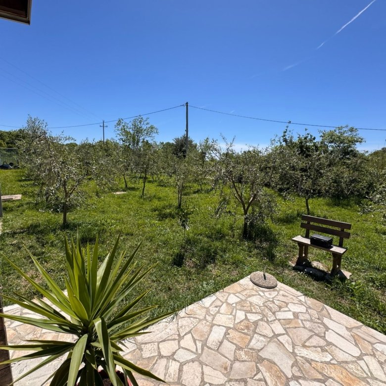 Charming stone patio with wooden bench, lush yard, and Ulcinj views&mdash;a prime Montenegro real estate by immorenta.me/Ekosphere.