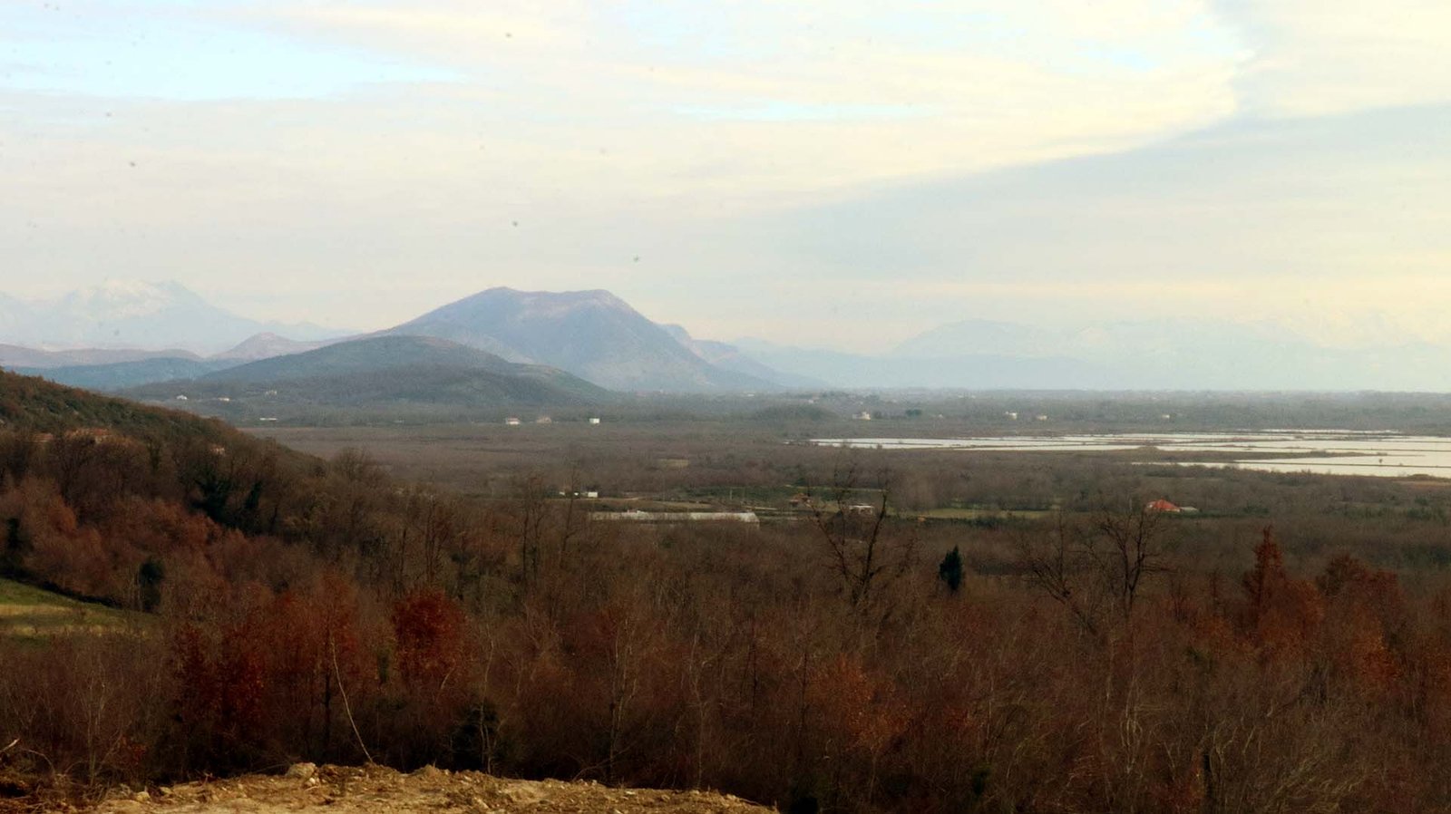 Expansive Ulcinj landscape&mdash;bare trees, open fields, distant mountains&mdash;prime Montenegro real estate by immorenta.me/Ekosphere doo.