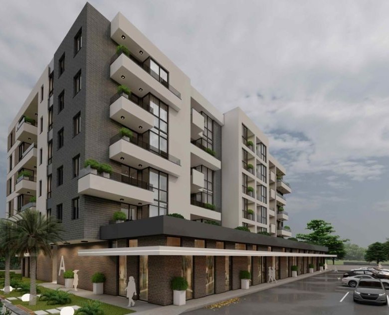 Modern Ulcinj apartment building with balconies, commercial spaces, parking; prime Montenegro real estate at immorenta.me by ekosphere doo.