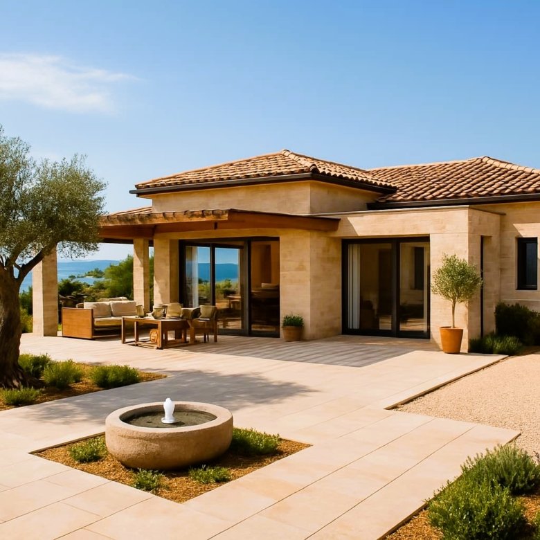 Modern single-story house in Ulcinj, Montenegro: tile roof, large windows, patio, sea views&mdash;exclusive on immorenta.me by Ekosphere.